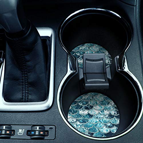 , Mermaid Scales Blue Wave Design Absorbent ROUND Fabric Felt Neoprene Car Coasters for Drinks, 2pcs Set - color: Mermaid Scales Blue Wave