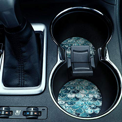 , Mermaid Scales Blue Wave Design Absorbent ROUND Fabric Felt Neoprene Car Coasters for Drinks, 2pcs Set - color: Mermaid Scales Blue Wave