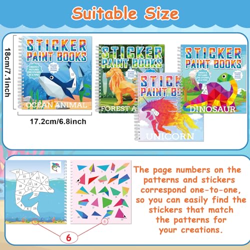 4 Pcs Paint by Sticker Books Sticker by Number Books Activity Book Puzzle Book Craft Art Gift with Dinosaur Unicorn Ocean Animal 32 Pictures - style: Animal