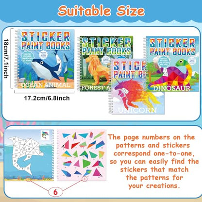 4 Pcs Paint by Sticker Books Sticker by Number Books Activity Book Puzzle Book Craft Art Gift with Dinosaur Unicorn Ocean Animal 32 Pictures - style: Animal