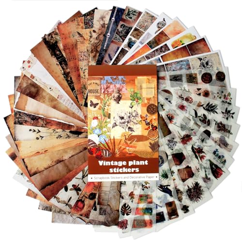 347Pcs Journaling Stickers and 20 Sheets Scrapbook Paper, Vintage Scrapbooking Kit, Plant Flower Butterfly Background Ephemera for Junk Journal Supplies, Planners, Bujo, Collage Art - color: 38 Sheets Vintage Stickers and Paper Kit