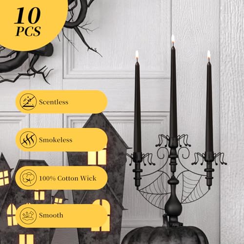 KONNI 0.87×10 Inch Black Taper Candles, Unscented and Smokeless Tall Candlesticks, 10 Pack Tapered Candles with Cotton Wicks, Long Burning, Ideal for Weddings, Dinner Parties, and Home Décor - color: Black