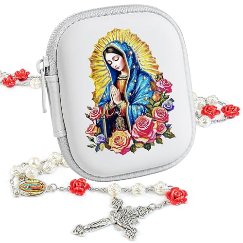 Rosary Beads Catholic for Women - Pearl Beads with Classic Cross, Virgin Mary Zippered Prayer Box, First Communion Gifts, Baptism Confirmation Jewelry - color: Guadalupe-White