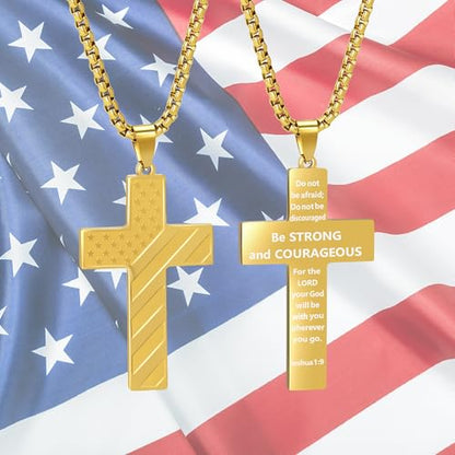 American Flag Cross Necklace for Men, Christian Confirmation Baptism Gifts - color: Gold, style: Joshua 1:9