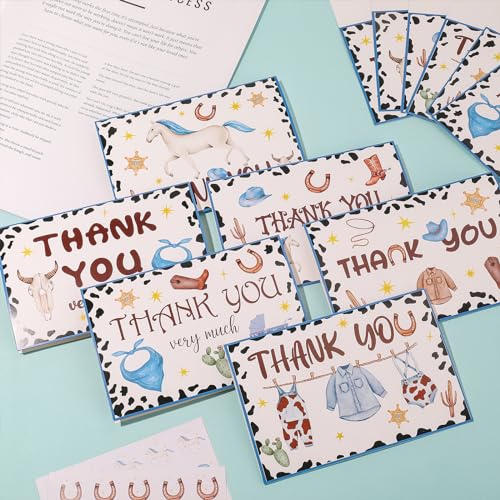 60 Pieces Little Cowboy Baby Shower Thank You Cards,Western Rodeo Thank You Cards Includes 30 Pieces Envelopes and 30 Pieces Cowboy Cards with Stickers for Baby Shower Wedding Bridal - color: cowboy