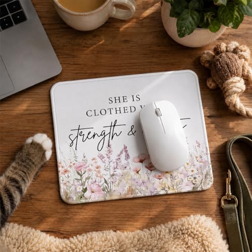 QIYUHOY Christian Inspirational Floral Mouse Pad, 9.5x7.9 Inch - color: staength & dignity