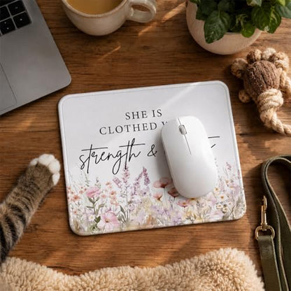 QIYUHOY Christian Inspirational Floral Mouse Pad, 9.5x7.9 Inch - color: staength & dignity