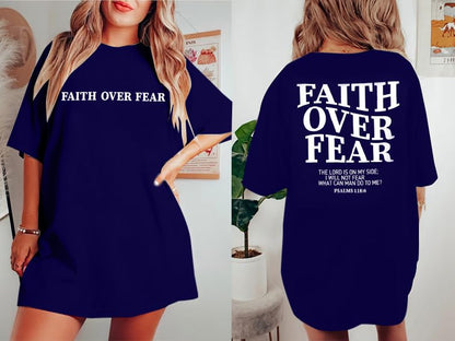BANGELY Faith Over Fear Shirt Women Graphic Shirts Oversized Workout Gym Christian Religious Tees Drop Shoulder Tee Tops - color: A-blue, size: Medium