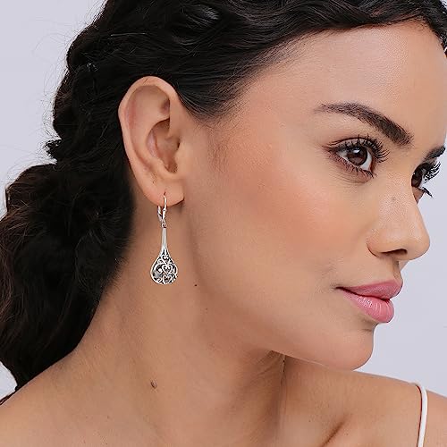 LeCalla 925 Sterling Silver Leverback Drop Dangle Earrings for Women | Lightweight Celtic-Knot Filigree Heart Teardrop Dangle Earring | Vintage Inspired Jewelry Gifts for Women - color: Leverback-04