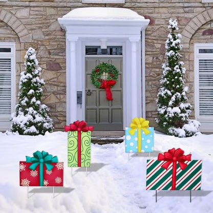 Christmas Yard Sign Decorations Outdoor Boxes Yard Signs with Metal Stakes for Xmas Holiday Party Lawn Sign Garden Decor Outdoor Yard Signs - style: Gift box