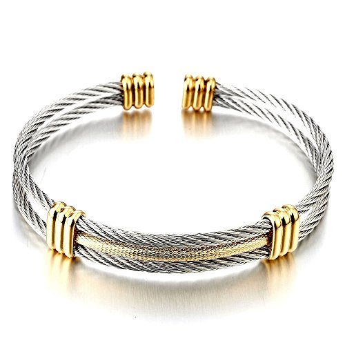Men Women Stainless Steel Twisted Cable Adjustable Cuff Bangle Bracelet - color: B-Metal Color: Silver & Gold