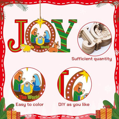 BeYumi Christmas Joy Wooden Crafts - 20Pcs DIY Wooden Joy to THE World Ornaments Craft Kit for Kids Make Your Own Nativity Decor Christian Religious Xmas Craft with Gem Sticker Church Party Supplies - style: JOY