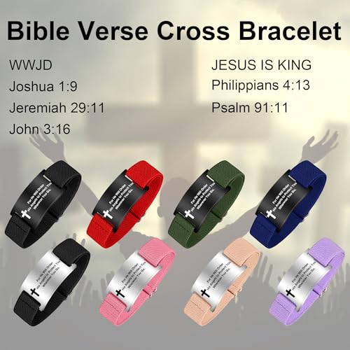 Bible Verse Cross Bracelet for Women Men, Christian WWJD Jesus is King Jewelry Gift Adjustable Bracelet - color: Red