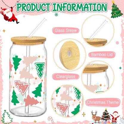 Glass Cups with Lids and Straws, 6Pack, 16oz, Christmas Candy - style: Gingerbread Tree