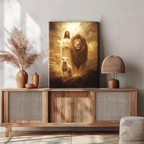RJETZMU Jesus Lion and Lamb Christian Canvas Art, Gallery Wrapped, 12x16 - color: Golden Jesus, size: 16"L x 12"W