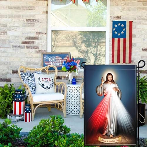 Divine Mercy Jesus Garden Flag Christian Sacred Heart of Jesus Amercian Flags for Outside 12x18 Double Sided Faith Over Fear Flag Outdoor House Yard Easter Decorations Religious Garden Flag