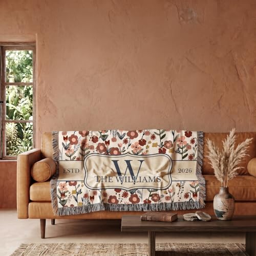 Chillever Personalized Monogram Woven Blanket with Last Name, Custom Floral Throw Blankets for Couch Bed, Cotton Anniversary Wedding Gift for Couple, New Home Housewarming Presents - color: A4