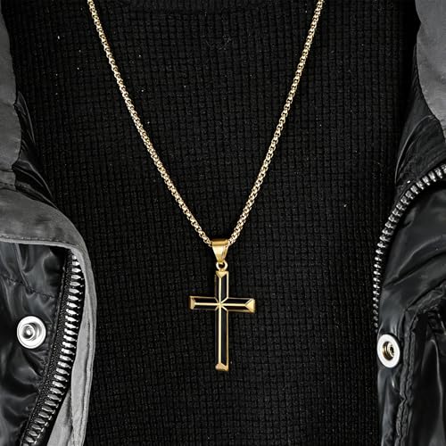 Cross Necklace for Men,Stainless Steel Christian Pendant Jewelry - color: A-Gold-60cm chain