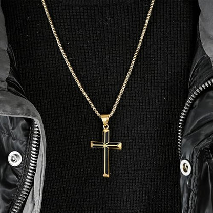 Cross Necklace for Men,Stainless Steel Christian Pendant Jewelry - color: A-Gold-60cm chain