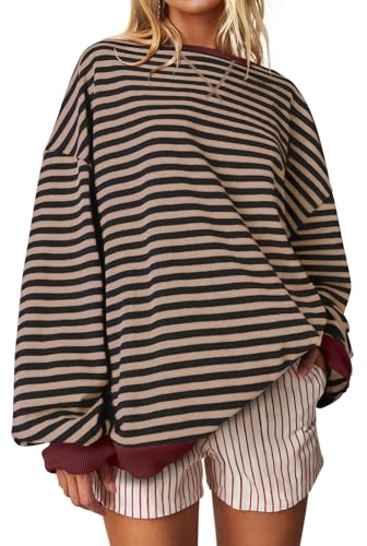UEU Women Oversized Striped Crewneck Sweatshirt Long Sleeve Casual Pullover - color: Black Coffee Stripe, size: X-Large