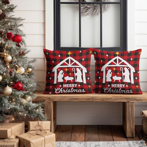 HOMETITUTE Set of 2 Christmas Nativity Plaid Pillow Covers 18x18 Inch - color: Christmas Throw Pillow Covers #07