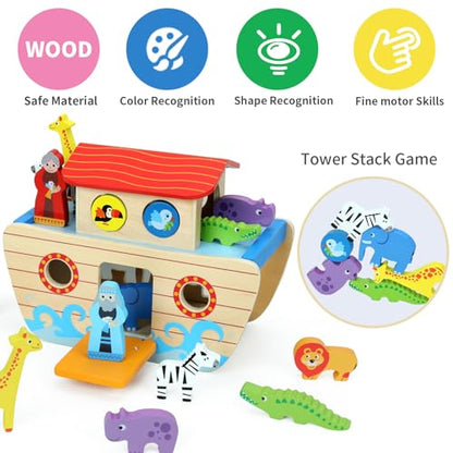 Wooden Noah's Ark Toy Animal Playset for Toddlers,