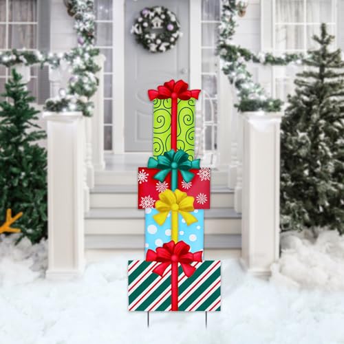 Christmas Yard Sign Decorations Outdoor Boxes Yard Signs with Metal Stakes for Xmas Holiday Party Lawn Sign Garden Decor Outdoor Yard Signs - style: Gift box