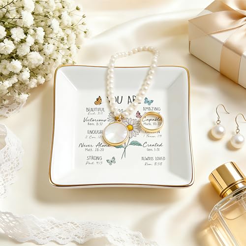 PUDDING CABIN Birthday Gifts for Women, Daisy Scripture Jewelry Dish, Christian Gifts - style: Daisy: Purity, Innocence, Loyal Love(April Birth Flower )