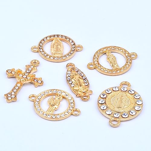 30pcs Golden Alloy Mixed Rhinestone Religious Cross and Center Miraculous Medal Charms Our Lady Virgin Mary Jesus Pendant Links for DIY Rosary Beads Necklace Jewelry Making, 6 Styles