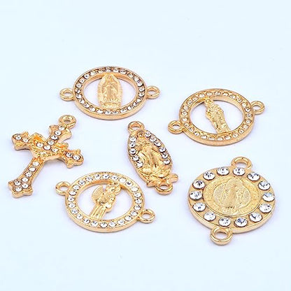 30pcs Golden Alloy Mixed Rhinestone Religious Cross and Center Miraculous Medal Charms Our Lady Virgin Mary Jesus Pendant Links for DIY Rosary Beads Necklace Jewelry Making, 6 Styles