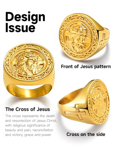 Christian Cross Rings for Men - Stainless Steel Jesus Jewelry with Celtic Knot Sides (Gold/Black/Silver) - Catholic Religious Gift, Size 7-13 - color: G: Gold-Jesus