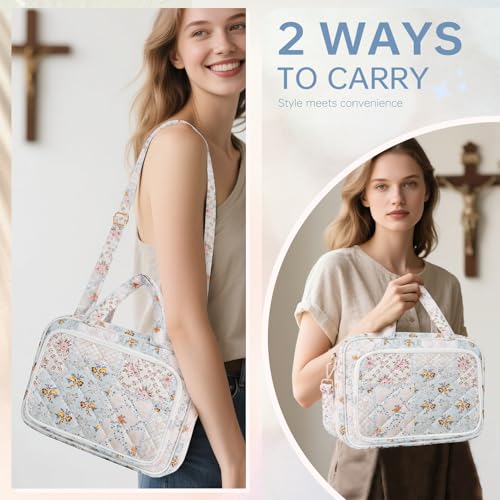 Bible Cover Case for Women Bible Study Supplies Christian Gifts for Women Church Camp Essentials Christian Bible Journaling Kit Quilted Large Bible Cover with Durable Handle (Spliced Flower, Large) - color: Spliced Flower