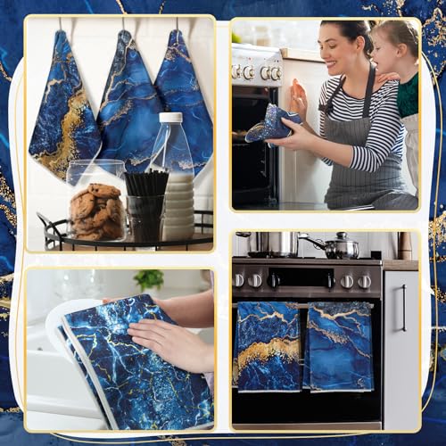 Boyiee 6 Pcs Marble Hand Towels Blue and Gold Kitchen Towels Dish Cloths - color: Blue and Gold Marble