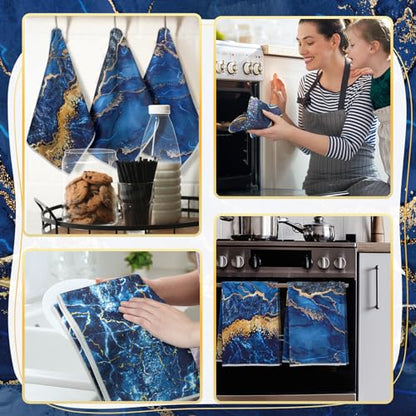 Boyiee 6 Pcs Marble Hand Towels Blue and Gold Kitchen Towels Dish Cloths - color: Blue and Gold Marble