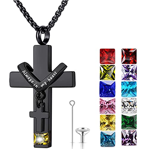 YOUFENG Birthstones Urn Necklaces for Ashes Cross Cremation Pendant Urns for Human Ashes Memorial Keepsake Locket Jewelry - style: November-birthstones