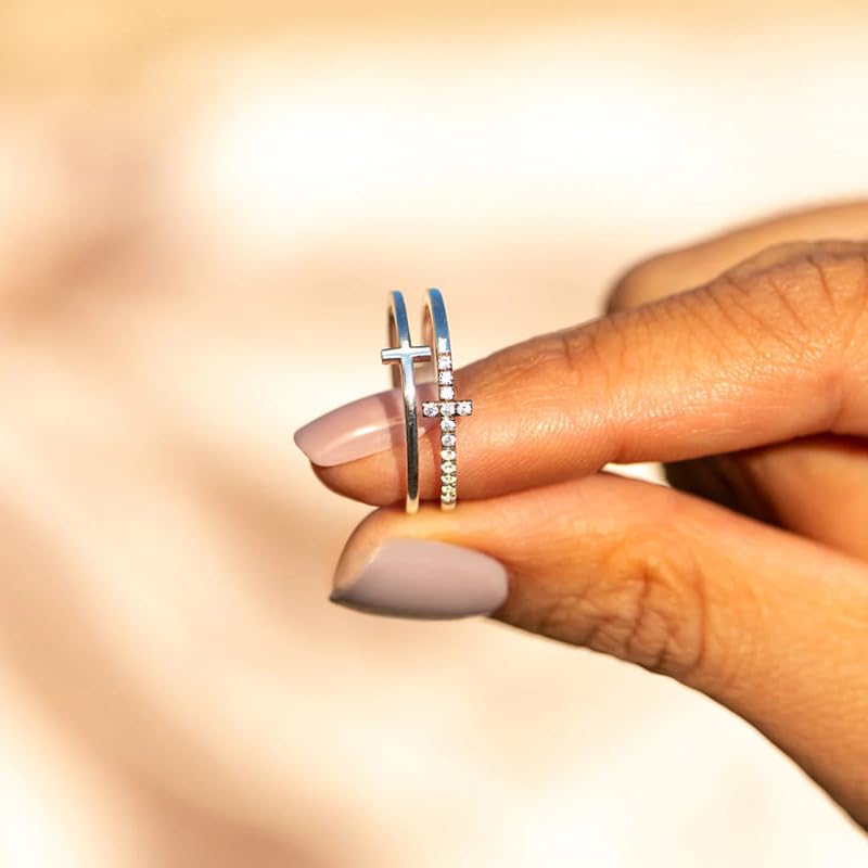 Double Cross Ring 18k Gold Plated 925 Sterling Silver Cubic Zirconia Simple Plain Stackable Statement Promise Rings Inspiration Christian Ring Faith Hope Love Cross Religious Ring Gift (Silver 7#) - color: silver, size: silver 7#
