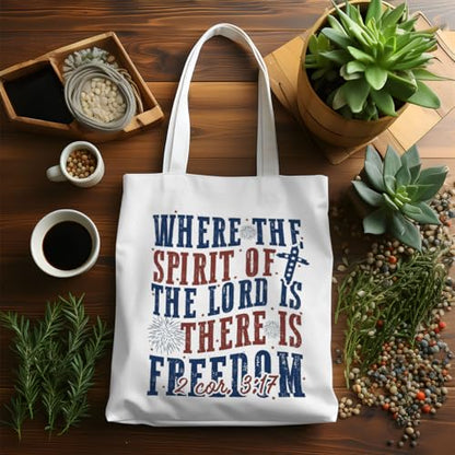 VICBOU Bible Verse Canvas Tote Bag Religious Christian Gifts for Women Men Faith Canvas Tote Reusable Grocery Bag - color: Freedom