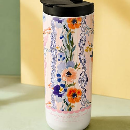 Stainless Steel Insulated Travel Mug – Double-Wall Vacuum Tumbler with Leak-Proof Lid & Silicone Base – Jeremiah 30:17 & Isaiah 41:10 "Bringing Strength" Faith Design – Orange Poppy & Navy Floral - style: Bringing Faith