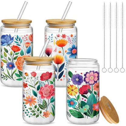 Mumufy 4 Pack Mexican Flower Glass Cup, 16 oz Tumbler Mug with Bamboo Lid - style: Mexican Flower