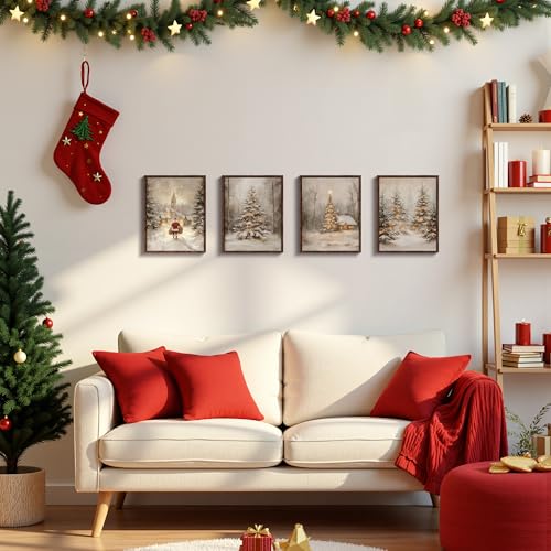 DOFQZ Winter Christmas Wall Art Prints Set of 4, Christmas Home Room Decor, Vintage Winter Xmas Pine Tree Forest Santa Cabin Posters for Home Bedroom Living Room Decor, 12x16 Unframed - color: 06Child, size: 12*16