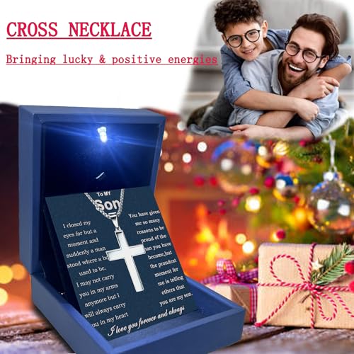 MGOOL Son Gifts From Mom To My Son Necklace From Dad Faith Cross Necklace Present Graduation Birthday Gifts Message Card＆LED Gift Box - color: SN928-Silver Led Box