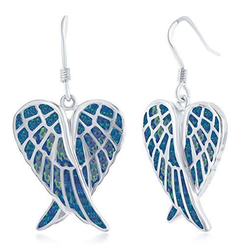Sterling Silver/Rose Tone/Created Blue/White or Pink Opal/Oxidized Heart Angel Wings Earrings - color: Silver