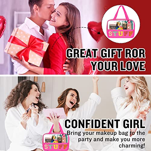 Chenille Letter Clear Makeup Bags Stuff Tote, Preppy Patch Makeup Bag Zipper with Handle, Waterproof PVC & Nylon Portable Glitter Large Cosmetic Travel Toiletry Storage for Women Girls(STUFF-Rose) - color: STUFF-Rose