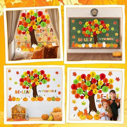 Gersoniel 81 Pcs Fall Thanksgiving Tree Bulletin Board for Classroom Be Leaf in Yourself Thanksgiving Tree Bulletin Board Decorations 3D DIY Paper Fans Pumpkin Cutouts Autumn School Home Wall Decor - style: Fall Leaf