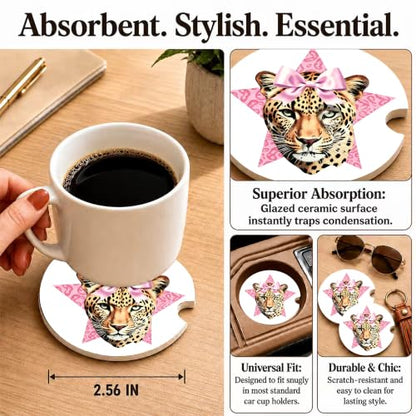 Pink Bow Car Coasters, Retro Leopard Print Coquette Cup Holders, 12 - color: Pink Bow