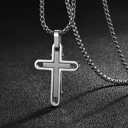 Holizaly Men's Cross Necklace 316L Stainless Steel Pendant White/Gold/Black/Blue Rolo Chain-Gift Box Included - color: Silver-A