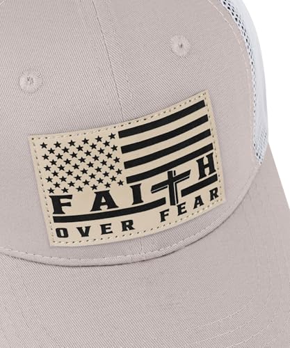 Faith Over Fear Christian Hats for Men Women, American Flag Trucker Hat, Religious Gifts for Thanksgiving Christmas - color: Beige