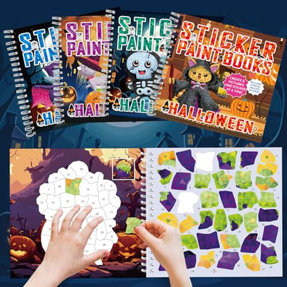 4Pcs Halloween Paint by Sticker Books Halloween Pumpkin Ghost Witch Sticker by Number Books Activity Book Puzzle Book Craft Art Gift Holiday Party Favors Create 32 Pictures - style: Halloween