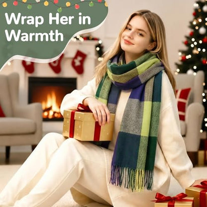 Loritta Winter Scarf for Women, Long Plaid Shawl Wraps Scarves Gifts - color: D-blue Green Lattice