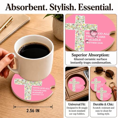 Pink Christian Bible Car Coasters, Floral Cross Scripture Cup Holders, 29 - color: Floral Cross